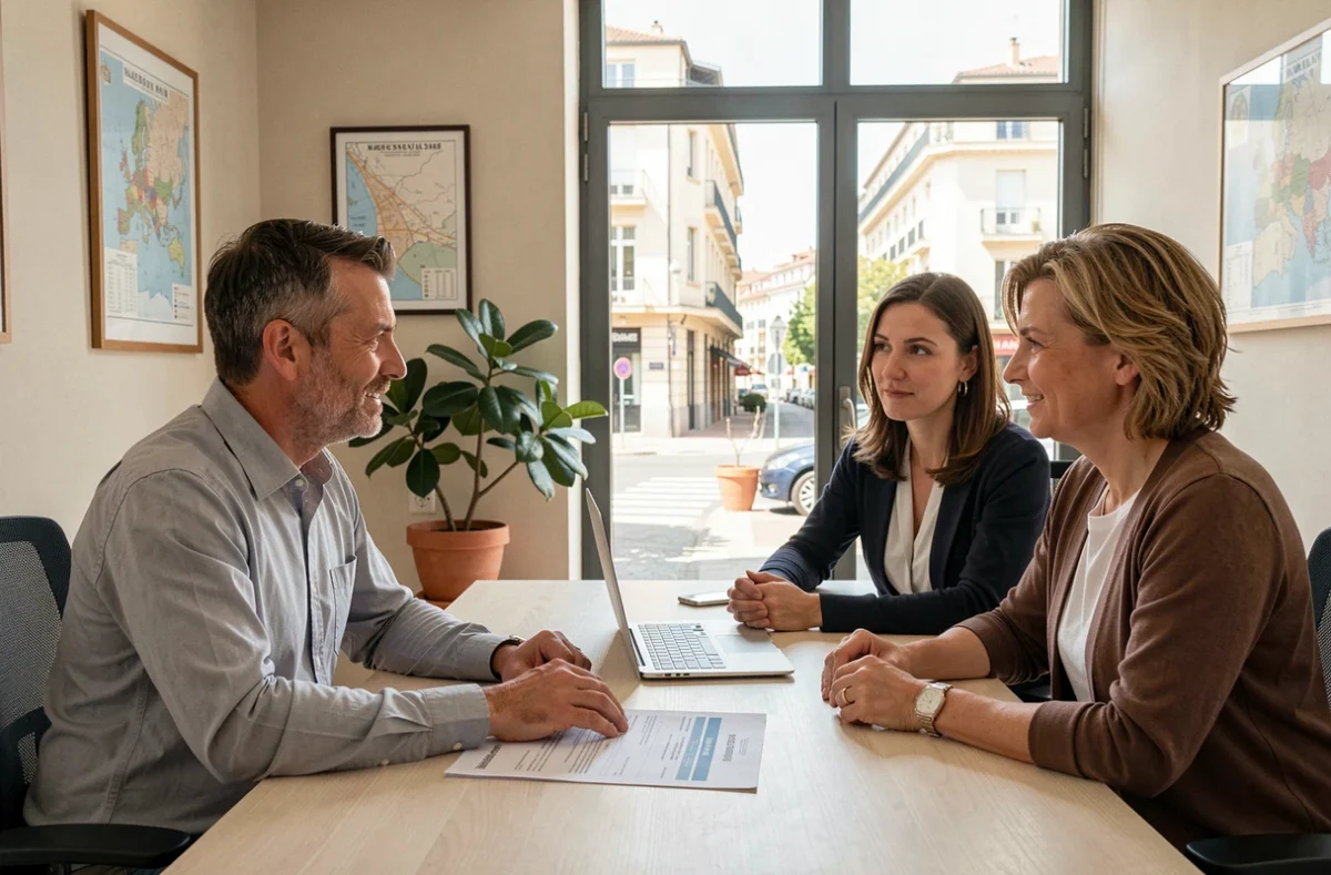 Conseiller en assurance habitation expliquant un contrat à un couple à Narbonne