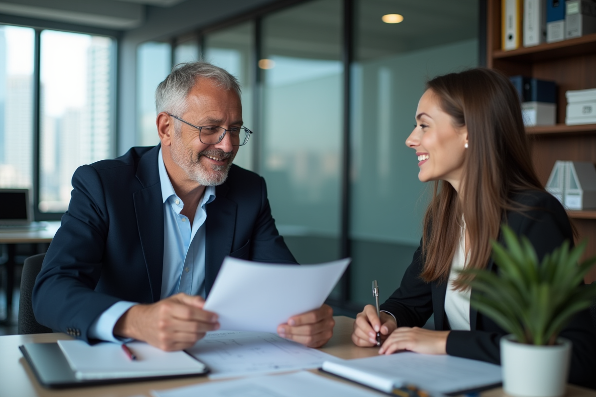 Conseiller financier explique des papiers à une cliente dans un bureau