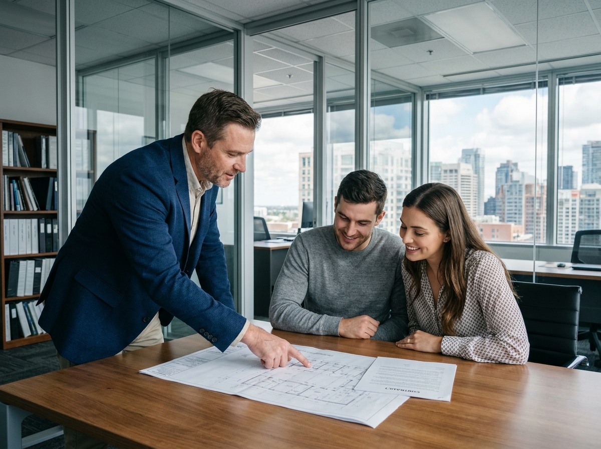 Conseiller immobilier accompagnant un couple dans leurs démarches de recherche d'appartement dans une agence moderne