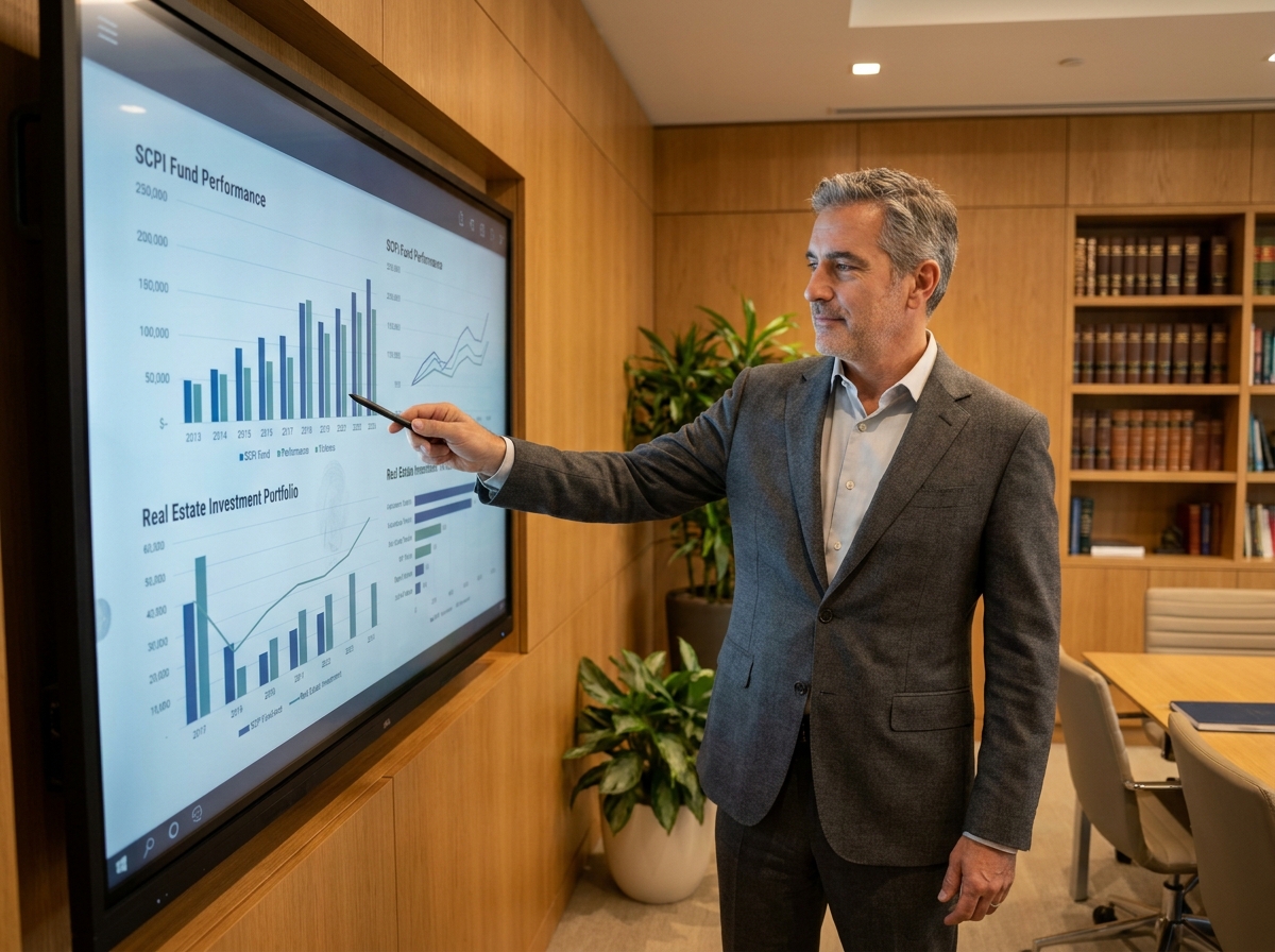 Conseiller financier expérimenté présentant des graphiques de performance de SCPI sur un écran interactif dans un cabinet de conseil