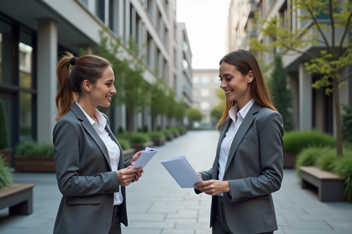 Consultante urbaine montrant permis à un client dans la rue