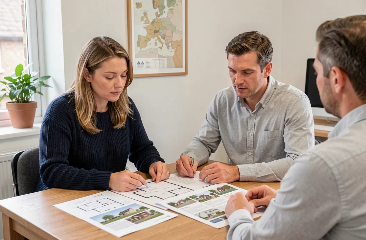 Couple consultant un conseiller commercial dans une agence de construction de pavillons en Normandie, révision de plans de maison