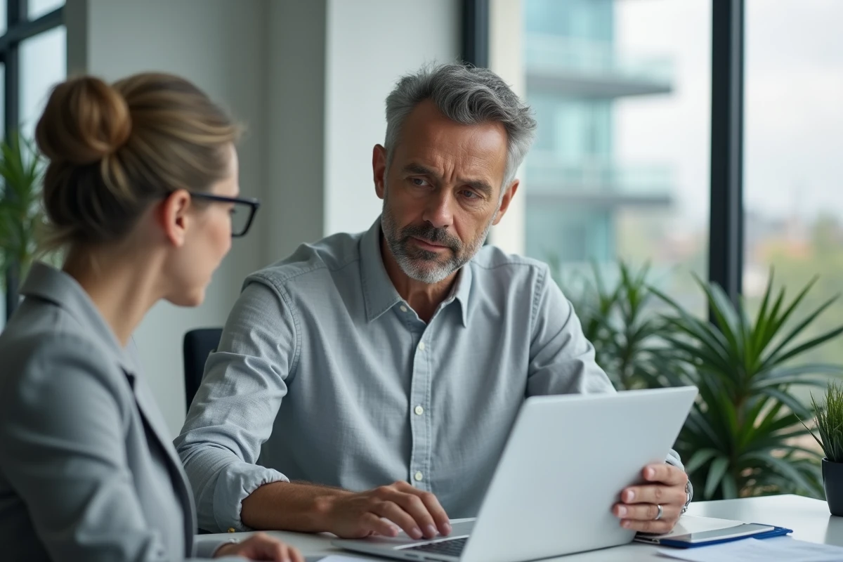 Homme discutant de sa d&eacute;claration fiscale immobili&egrave;re avec un conseiller fiscal dans un bureau professionnel
