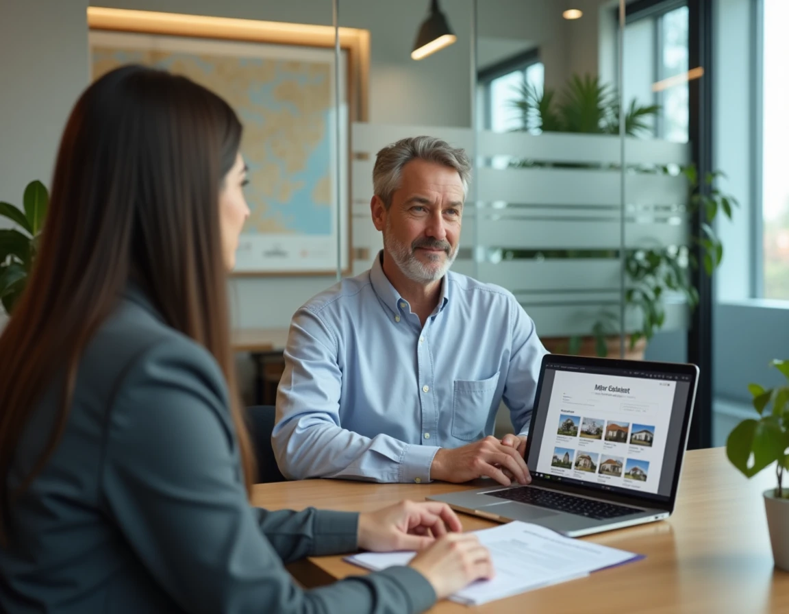 Homme en consultation avec un conseiller immobilier local pour préparer et sécuriser un projet d'investissement immobilier