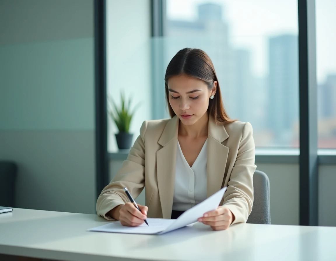 Jeune femme consultant des documents notariaux lors d'une consultation gratuite dans un cabinet notarial moderne