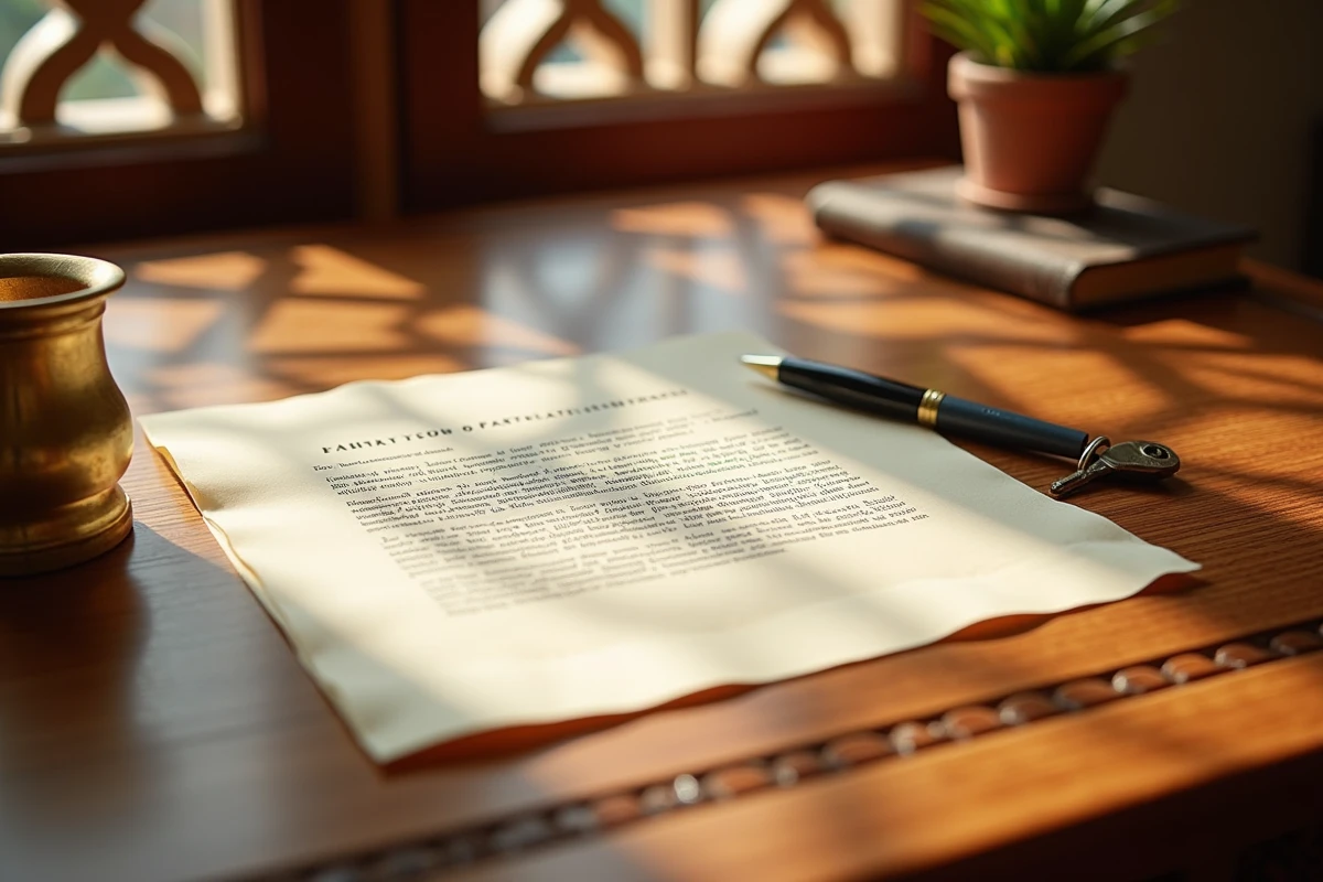 Contrat de vente immobilière et clés d'appartement sur un bureau en bois sculpté dans un bureau notarial à Marrakech