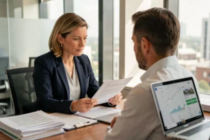 Propriétaire immobilier signant un contrat de gestion locative avec un conseiller Socorpi dans un bureau moderne