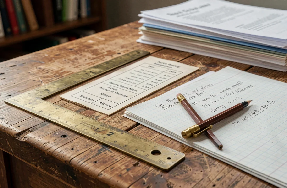 Table de conversion acres en m2 et hectares avec règle et notes manuscrites sur bureau en bois