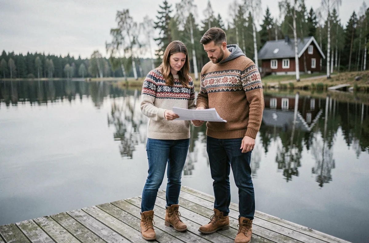 Couple examinant des documents immobiliers sur un ponton en bois au bord d'un lac suédois avec chalet nordique visible en arrière-plan parmi les bouleaux