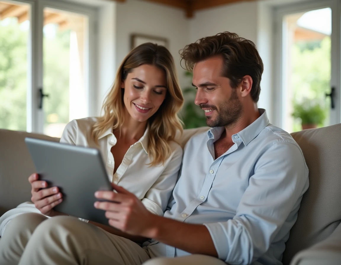 Couple lisant des avis d'utilisateurs sur un service de location en ligne depuis leur salon, comparant les retours avant de prendre une décision