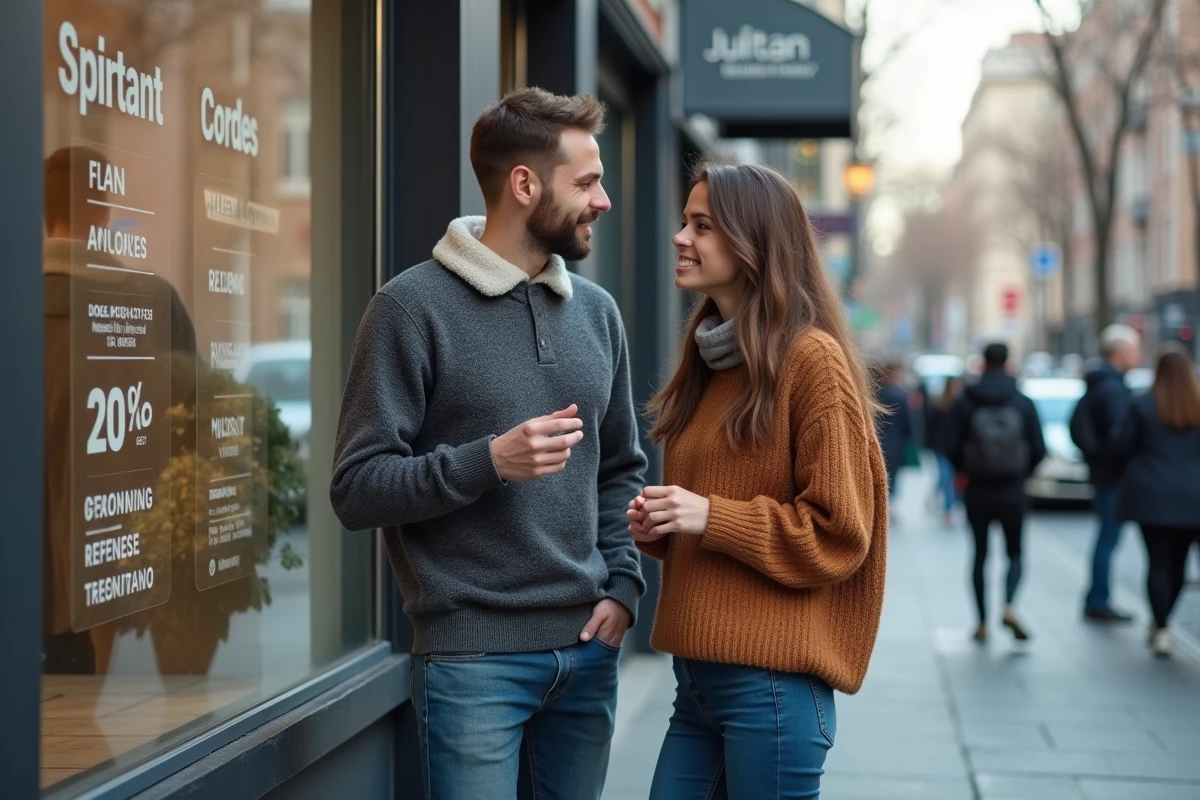Jeune couple regarde des annonces immobili&egrave;res devant une agence en ville