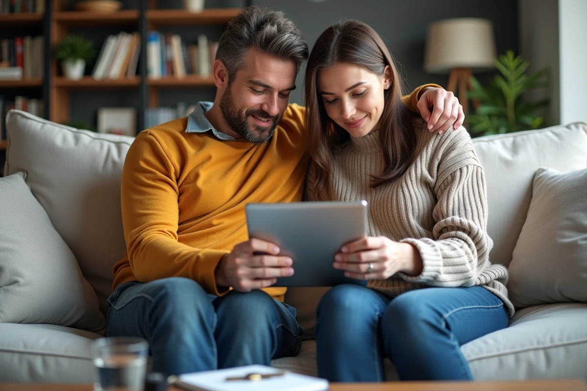 Couple consultant un comparateur d'assurance loyer impayé sur une tablette dans leur salon
