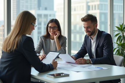 Couple confiant avec conseiller immobilier dans un bureau lumineux