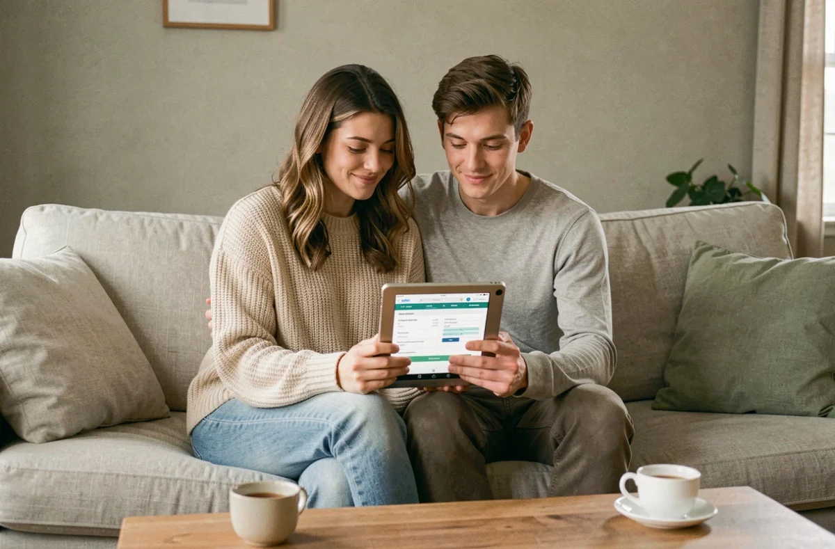 Couple vérifiant la confirmation de paiement du loyer sur une tablette dans leur salon
