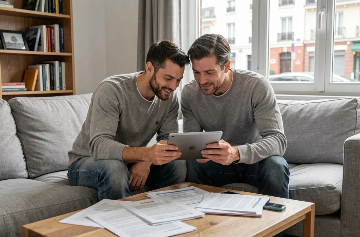Couple consultant un devis assurance habitation sur tablette dans leur salon