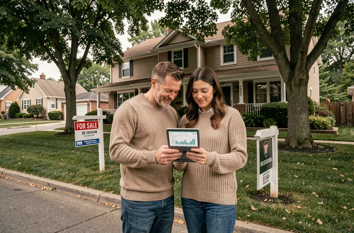 Couple consultant l'estimation de leur maison sur une tablette devant leur propriété à vendre