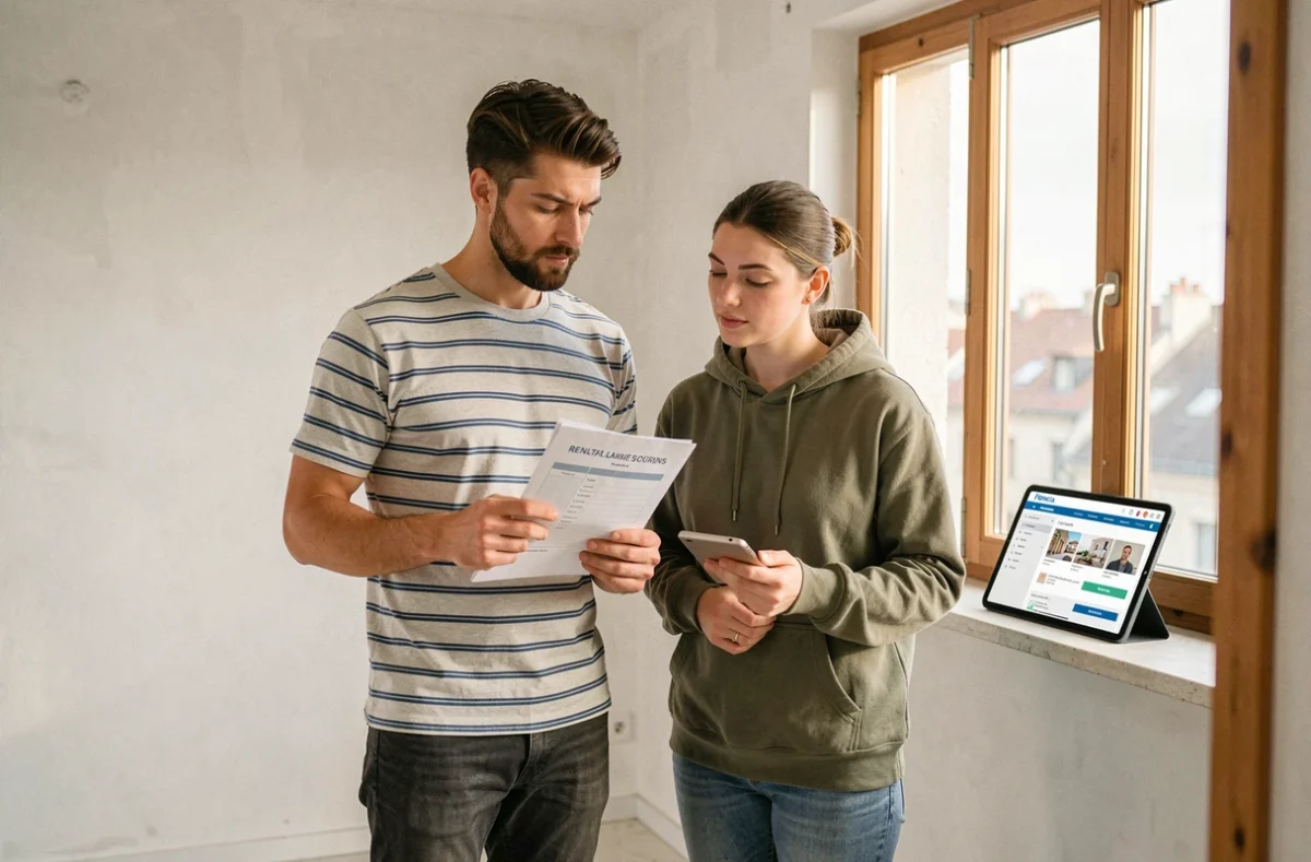 Couple de jeunes locataires effectuant l'état des lieux de leur premier appartement avec une checklist et l'application My Foncia sur tablette