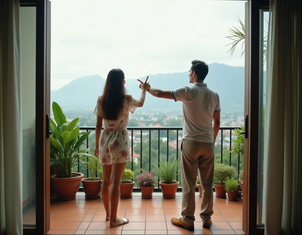 Couple d'expatriés sur le balcon d'un condominium en hauteur à Chiang Mai avec vue panoramique sur la montagne thaïlandaise