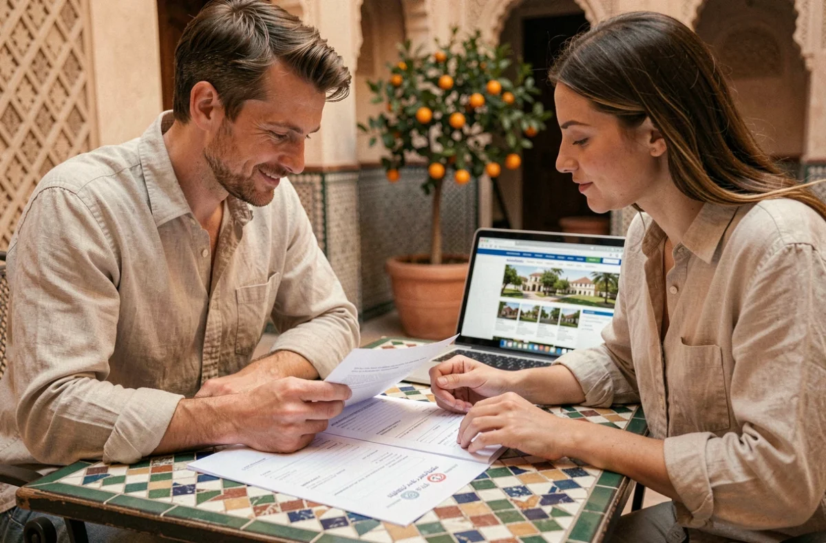 Couple français analysant les documents fiscaux et le contrat d'achat immobilier dans un riad de Marrakech