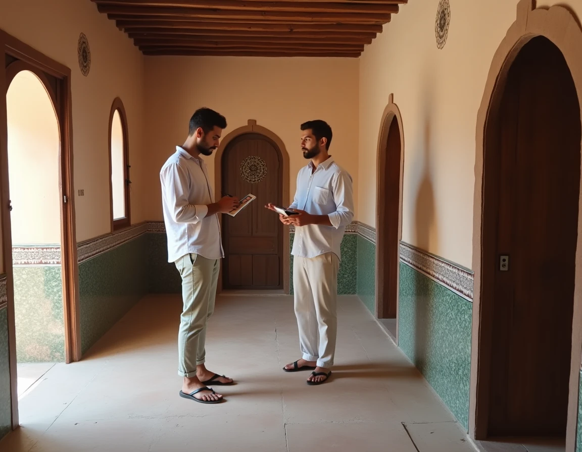 Couple inspectant l'état d'une villa à Essaouira avant de signer un bail de location longue durée