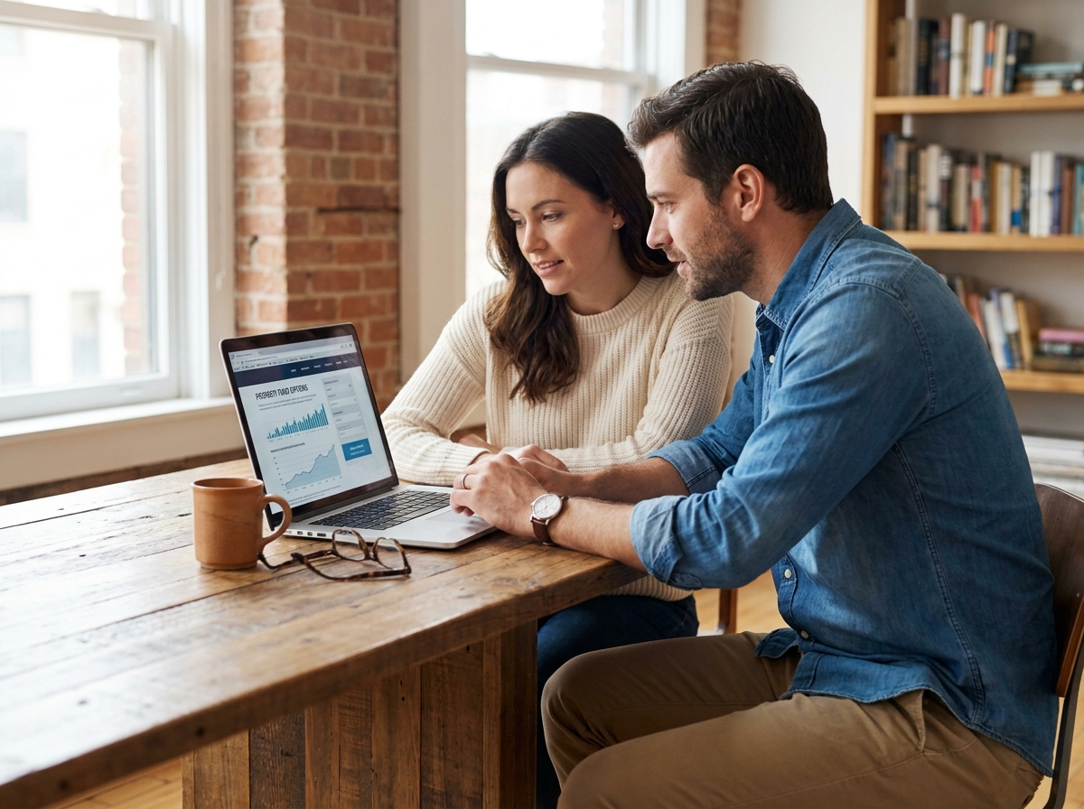 Jeune couple consultant une plateforme d'investissement en SCPI sur un ordinateur portable depuis leur appartement moderne
