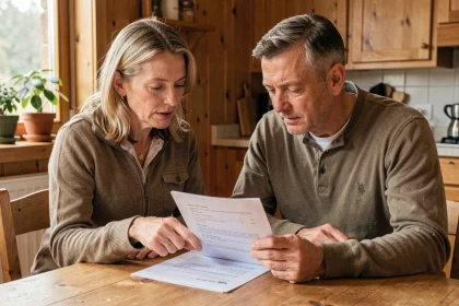Couple lisant attentivement un contrat d'achat de chalet dans un camping, assis à une table en bois à l'intérieur du chalet