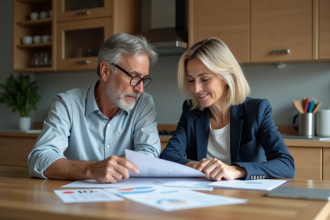 Couple d'adultes examinant des documents dans une cuisine moderne