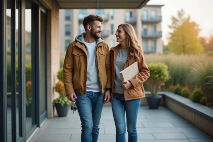 Jeune couple souriant sur terrasse avec vue residence