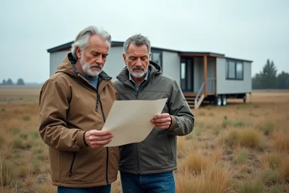 Couple examinant un acte foncier devant un mobile home installé sur un terrain non constructible en milieu rural
