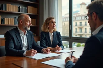 Couple français en réunion avec notaire dans un bureau moderne