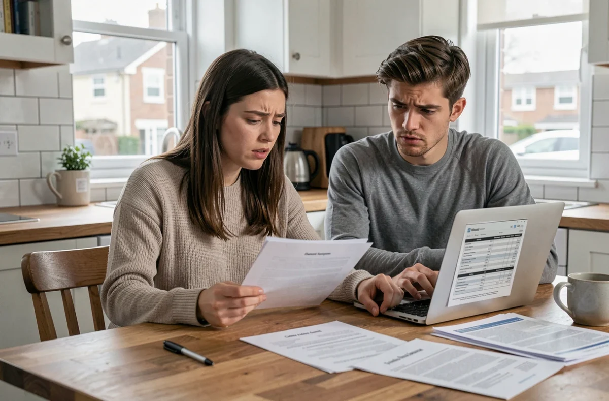 Couple de propriétaires analysant un rapport de gestion locative et les garanties offertes par leur agence