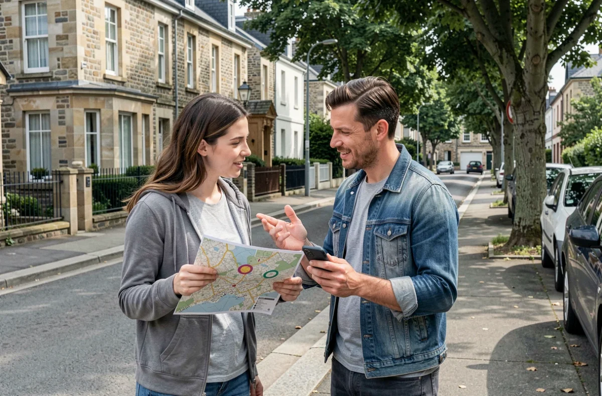 Couple consultant une carte pour élargir leur recherche de location de maison entre particuliers dans un quartier résidentiel