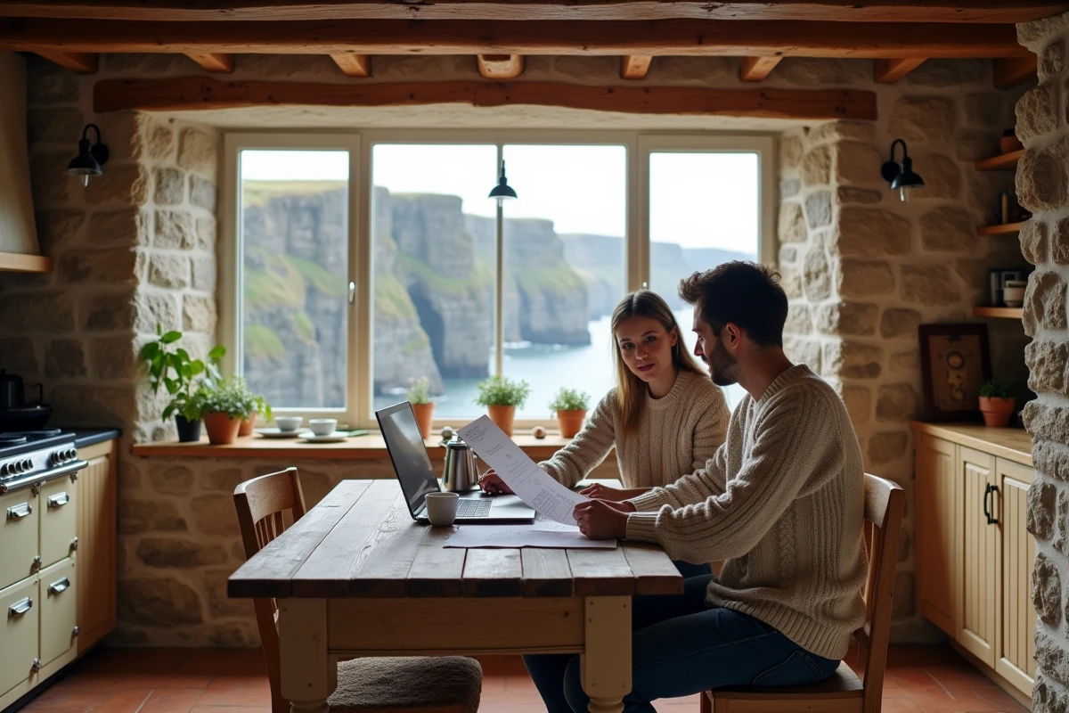 Couple étudiant des annonces immobilières dans la cuisine d'une maison normande en pierre avec vue sur les falaises et la mer