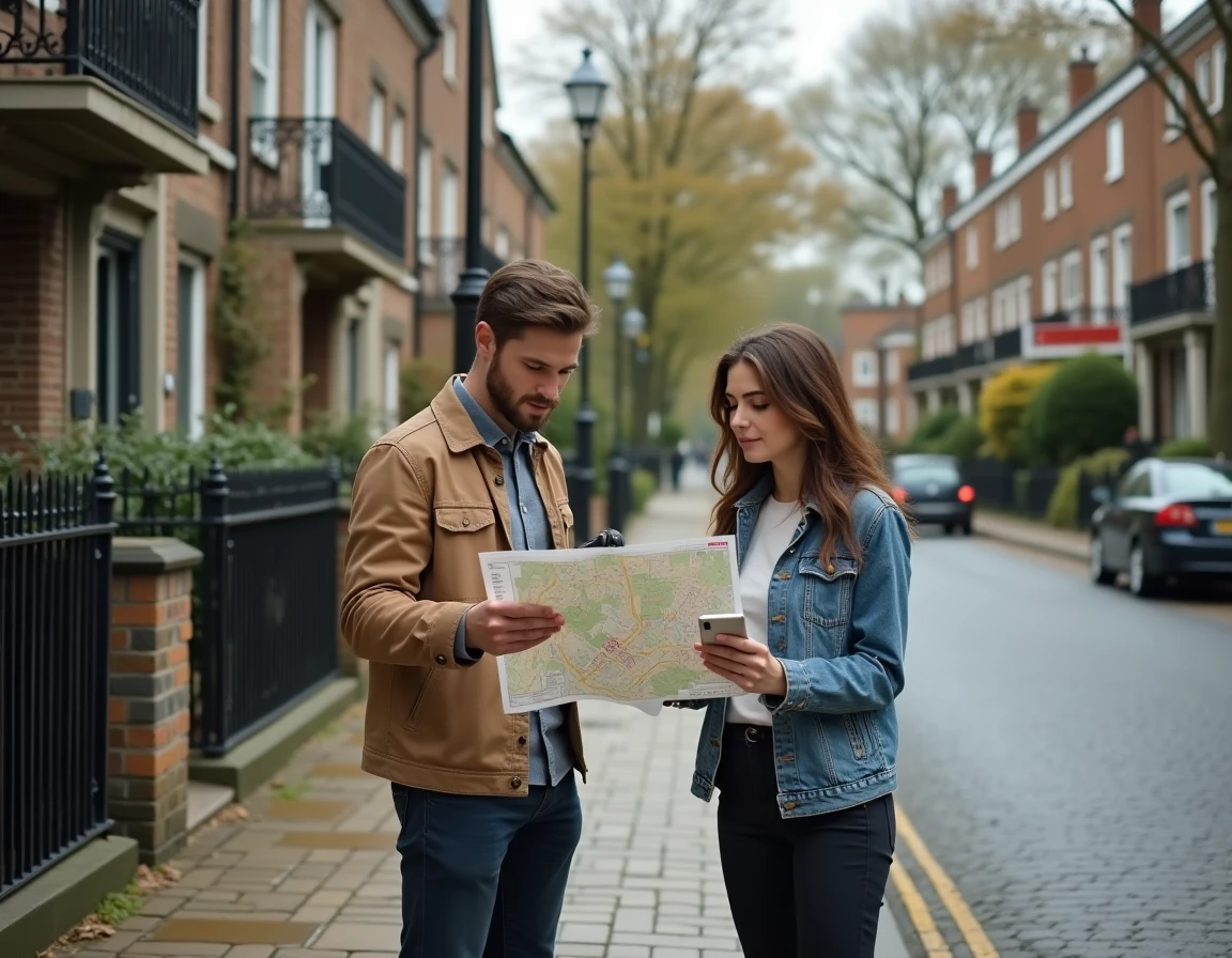 Couple consultant une carte et une application immobilière devant un bien à vendre dans un quartier résidentiel
