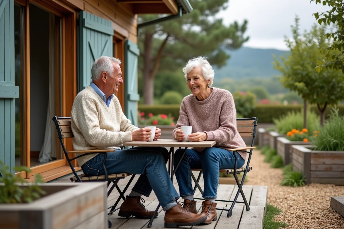 Couple de retraités profitant de la terrasse d'une petite maison de location dans les Hautes-Pyrénées