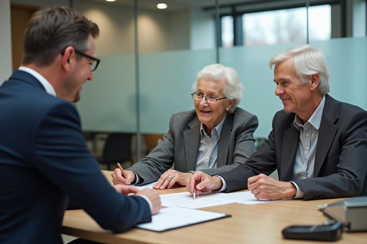 Couple senior discutant avec conseiller bancaire dans un bureau moderne