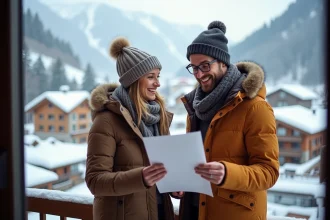 Couple souriant sur balcon enneigeant avec vue sur Les Menuires
