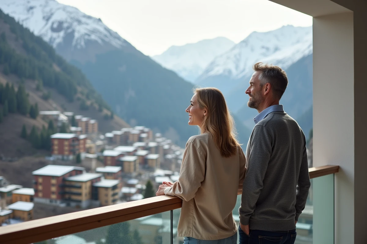 Couple visitant un appartement avec balcon en Andorre offrant une vue panoramique sur les Pyrénées