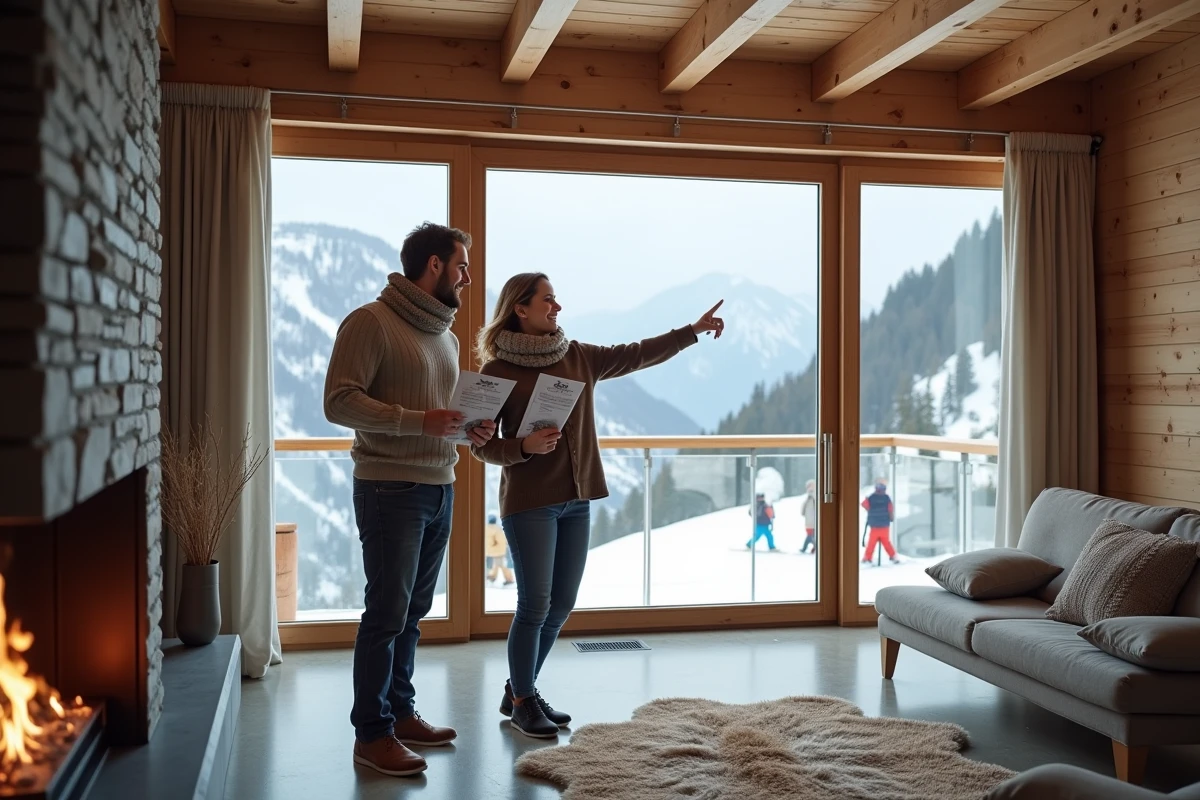 Couple visitant un appartement à vendre aux Menuires avec grande fenêtre vue sur les pistes