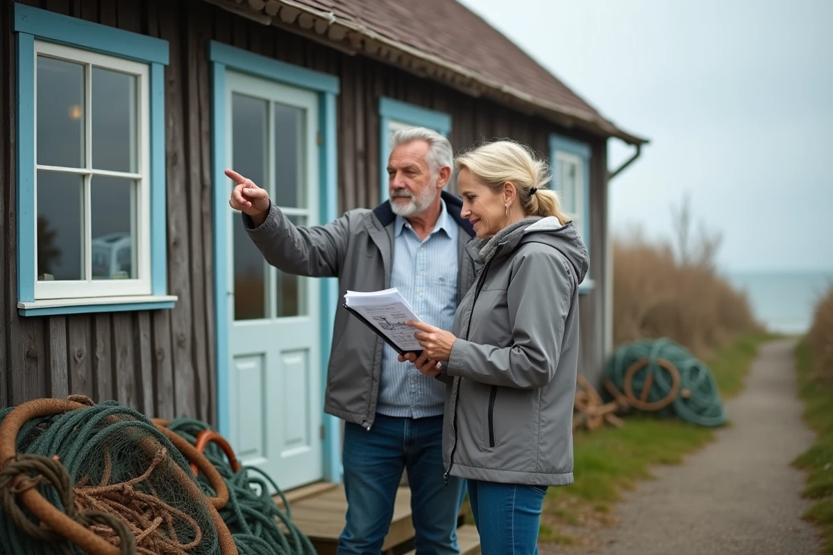 Couple visitant une maison de pêcheur rustique en bord de mer pour un projet d'achat immobilier