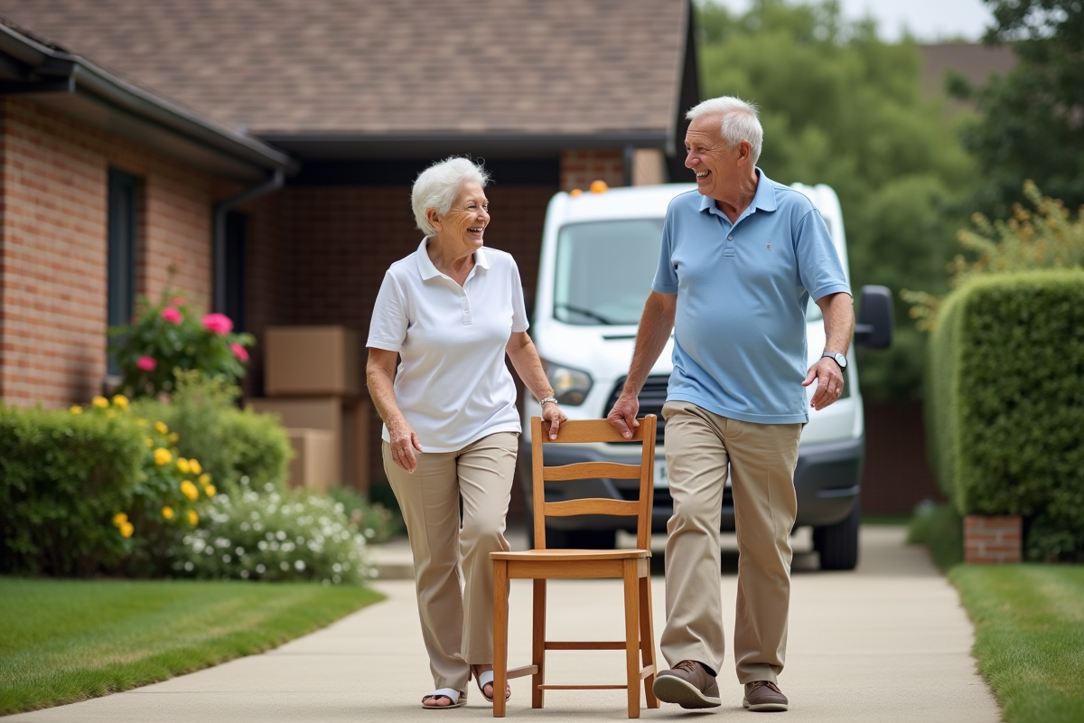 Couple âgé souriant portant une chaise dehors