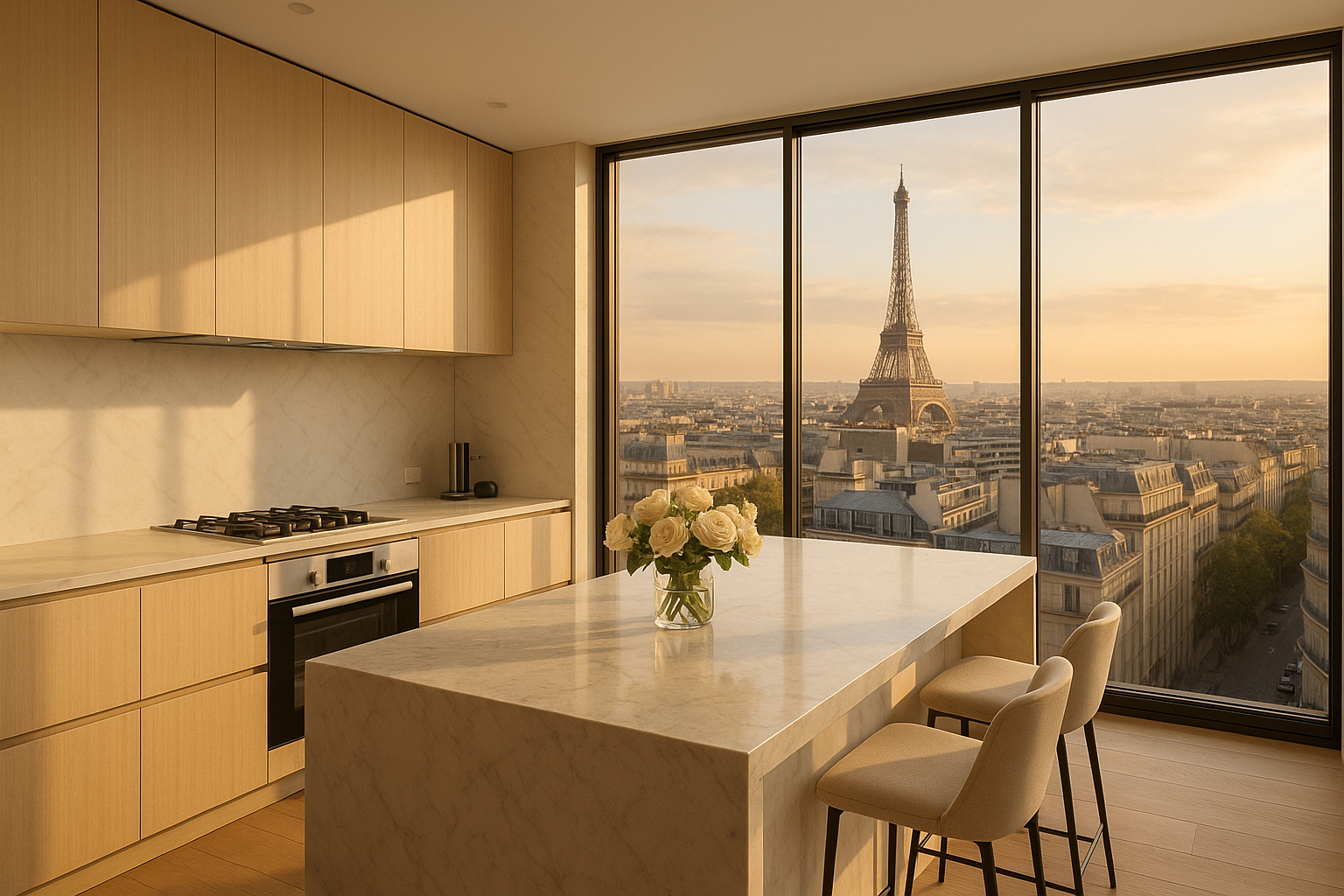 Cuisine moderne avec vue panoramique sur Paris