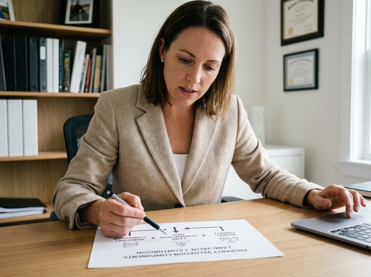 Consultante immobilière expliquant les fondamentaux de l'estimation immobilière avec un diagramme détaillé sur son bureau