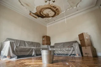Dégât des eaux au plafond d'un appartement avec tache brune et seau de récupération sur parquet