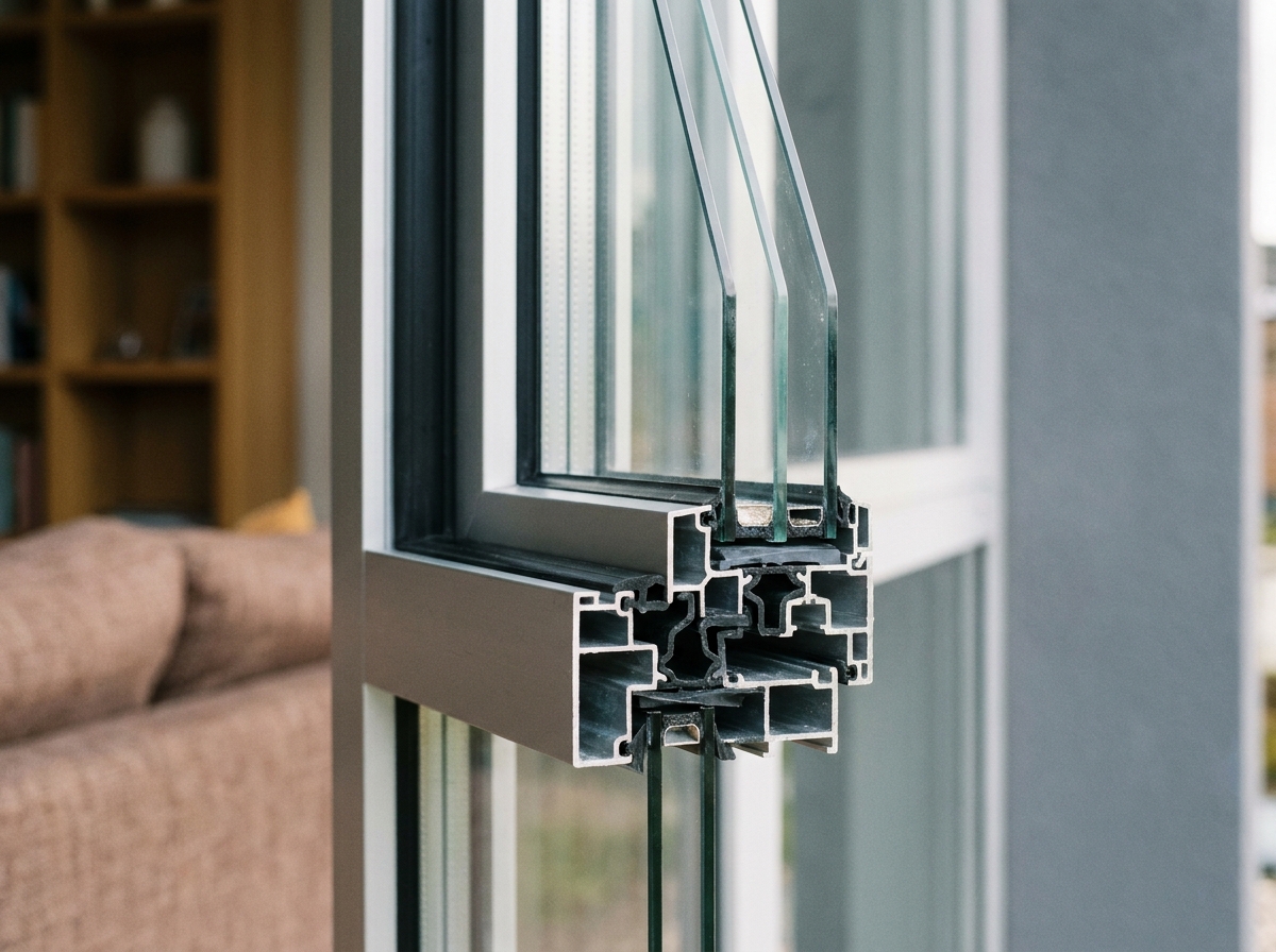Gros plan sur le cadre en aluminium et les vitres d'une fenêtre à triple vitrage, montrant les détails techniques de l'isolation thermique et acoustique