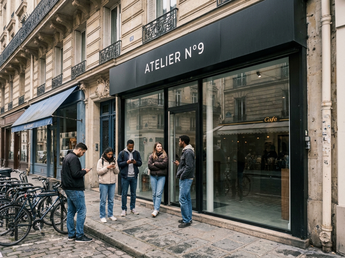 Devanture d'un local commercial en rez-de-chaussée avec file d'attente de clients devant une jeune marque branchée à Paris