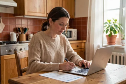 Femme obtenant un devis assurance habitation en ligne depuis sa cuisine avec un formulaire imprimé