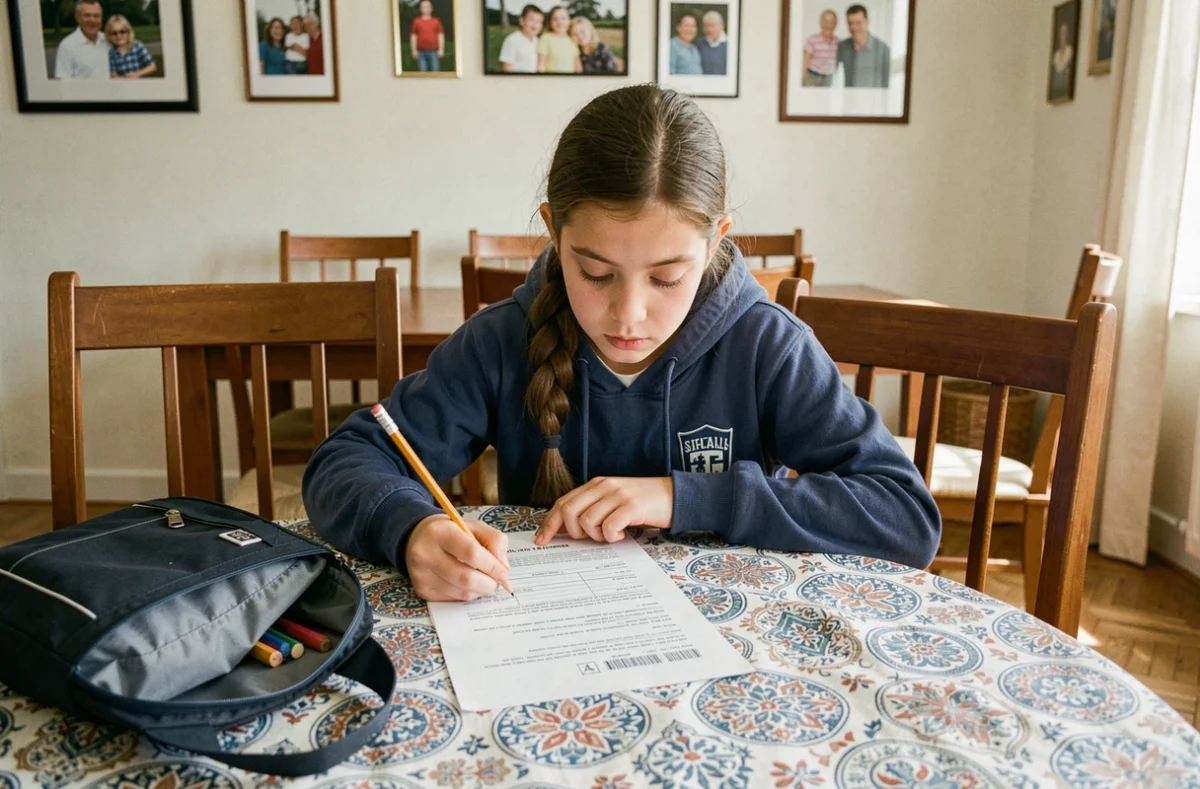 Adolescente remplissant un formulaire de devis assurance scolaire à la maison