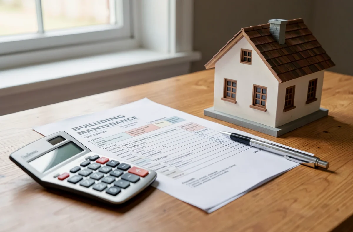 Devis de travaux, calculatrice et maquette de maison sur une table