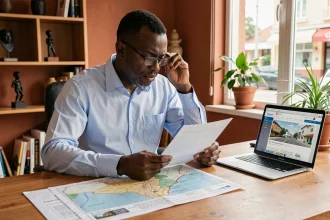Homme sénégalais de la diaspora examinant des documents fonciers et une carte du Sénégal sur son bureau à domicile